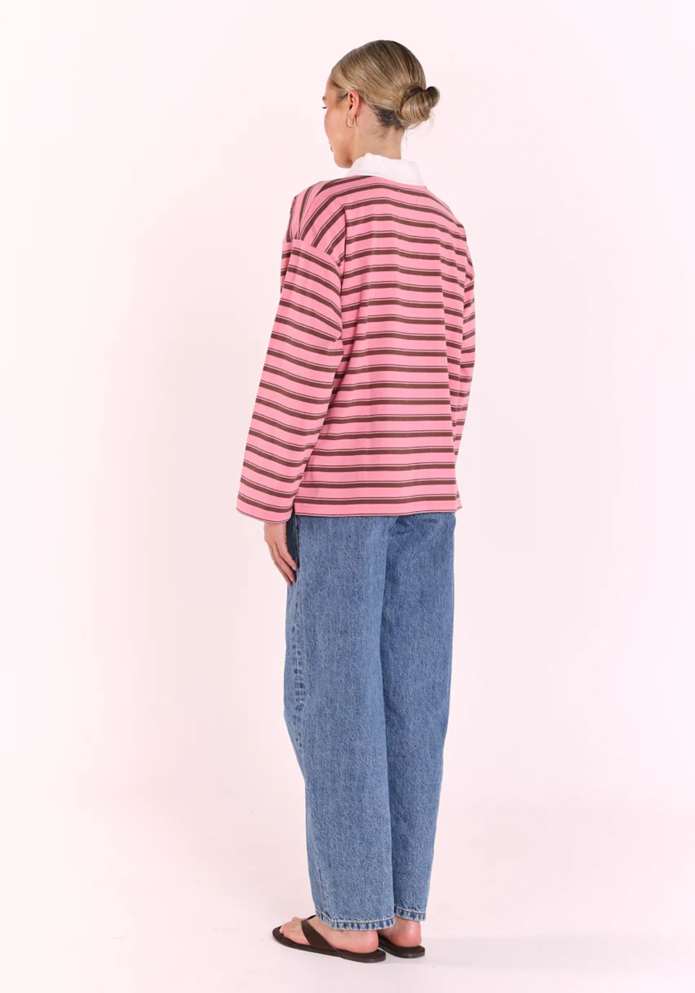 FEATHER + NOISE FINN LONG SLEEVE RUGBY TOP - PINK/CHOC STRIPE