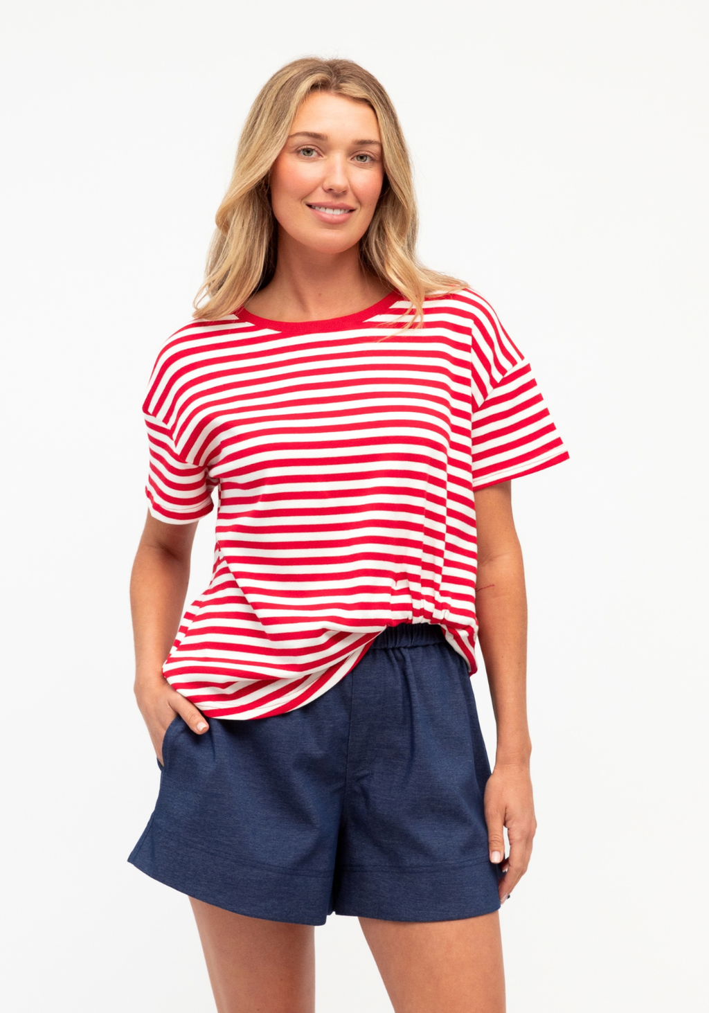 JESSIE EASY TUCK TEE - RED/WHTE STRIPE