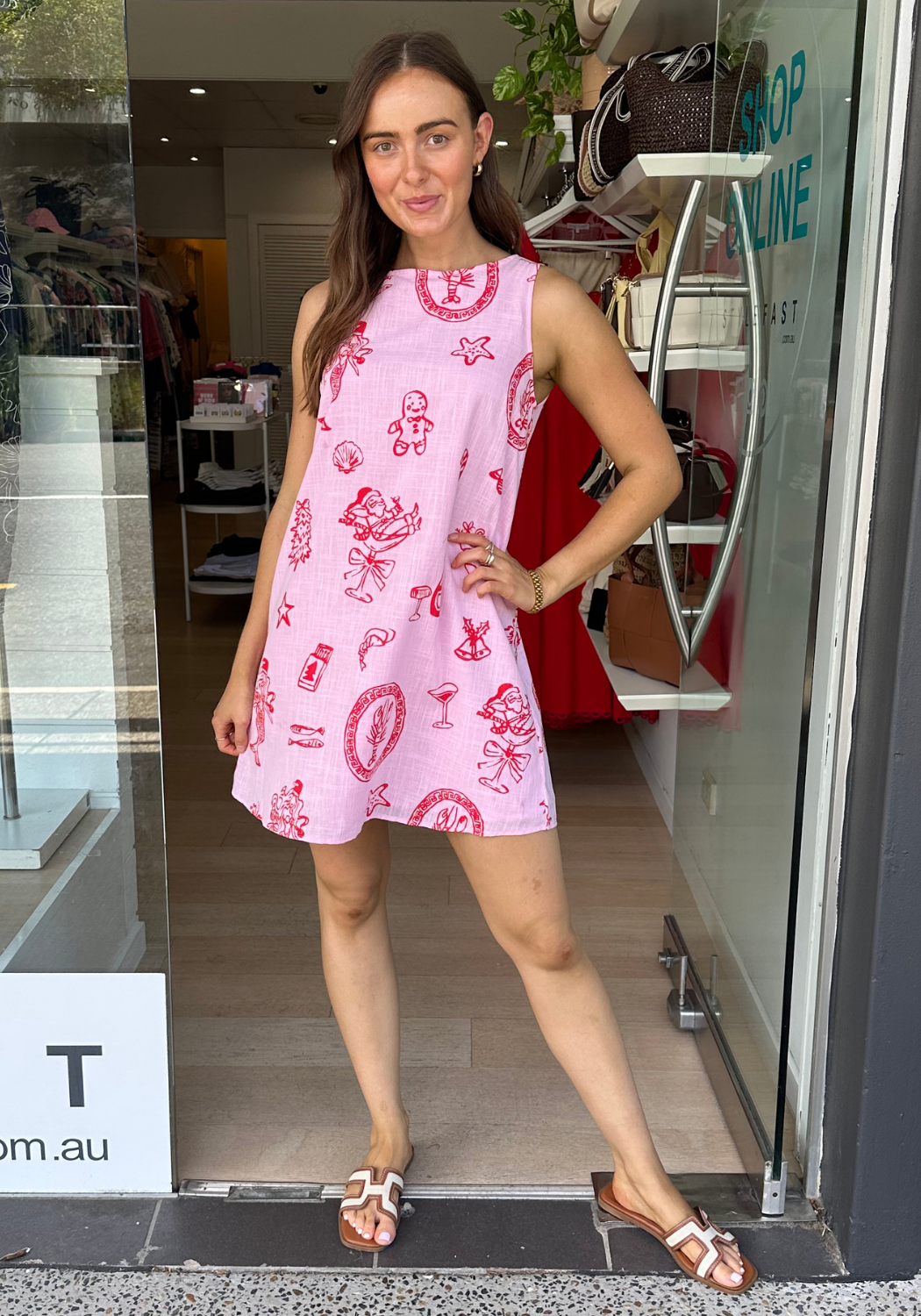 BY FRANKIE ZANA SHIFT DRESS - PINK/RED CHRISTMAS