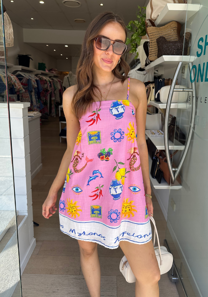 BY FRANKIE GREEK ISLAND MINI DRESS - PINK PRINT