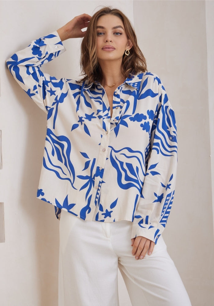 Load image into Gallery viewer, RAVEN OVERSIZED BUTTON UP SHIRT - BLUE PRINT