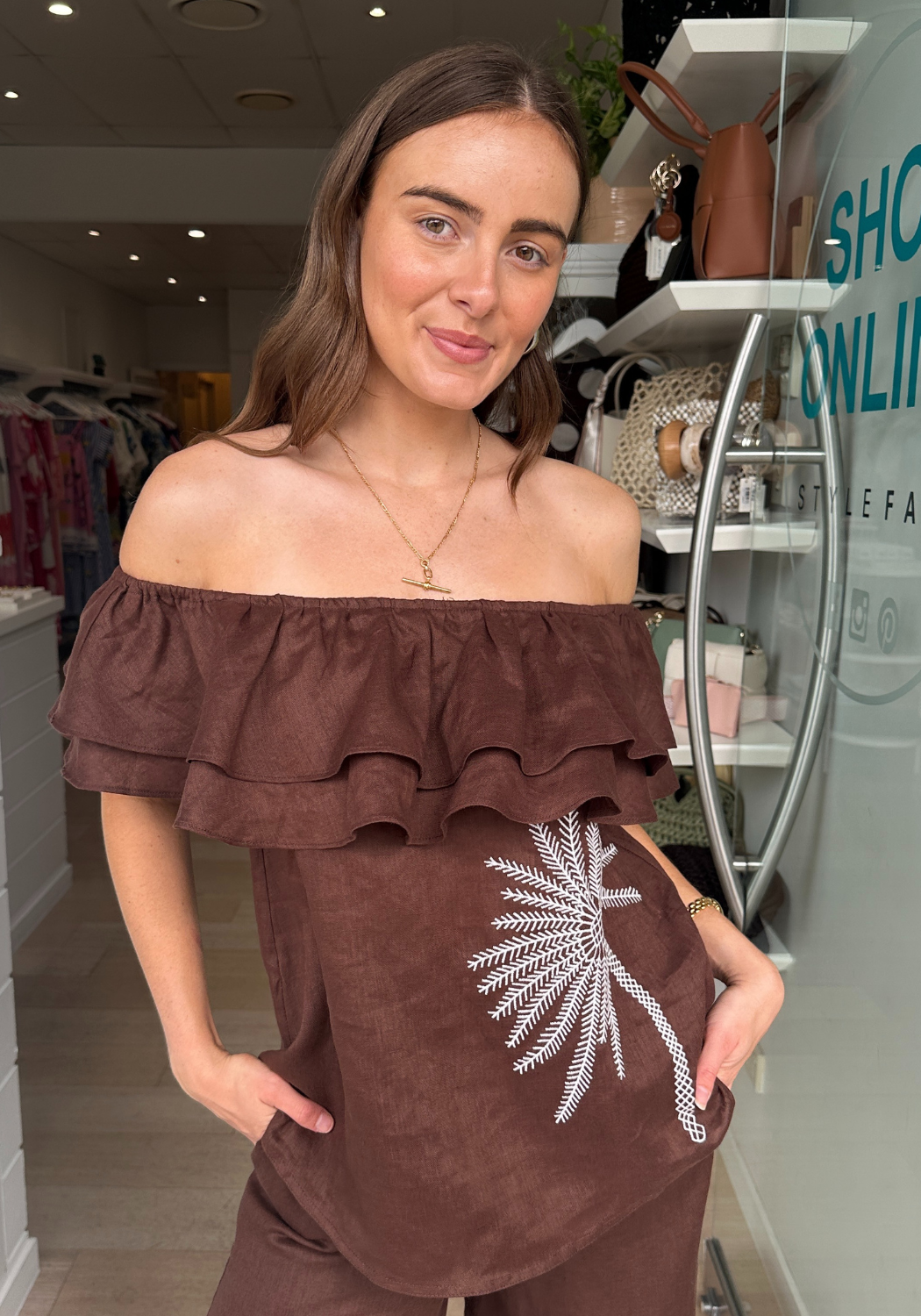 ADORNE SERENA LINEN FRILL TOP - CHOCOLATE