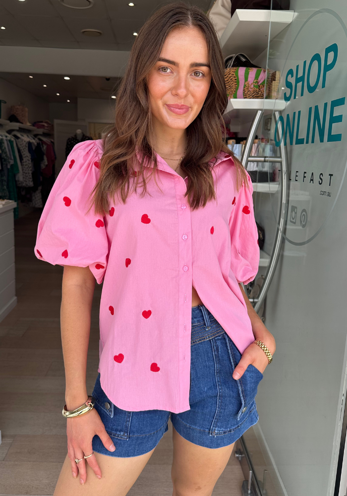 CARMEN HEART BUTTON THROUGH SHIRT - PINK/ RED HEART