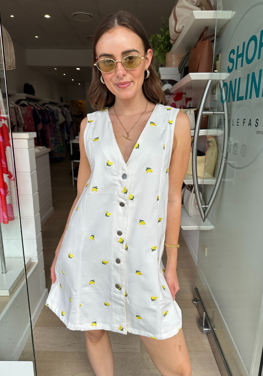 HALLIE SHIFT DRESS - LEMON EMBROIDERY