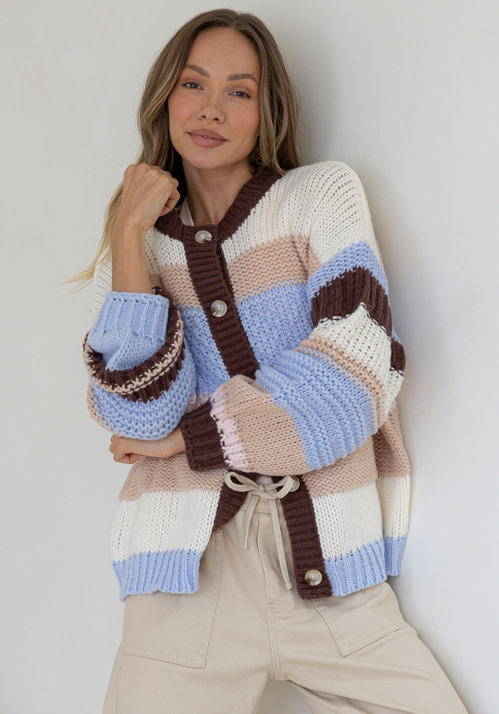 HALLIE KNIT CARDI - CHOC/BLUE STRIPE