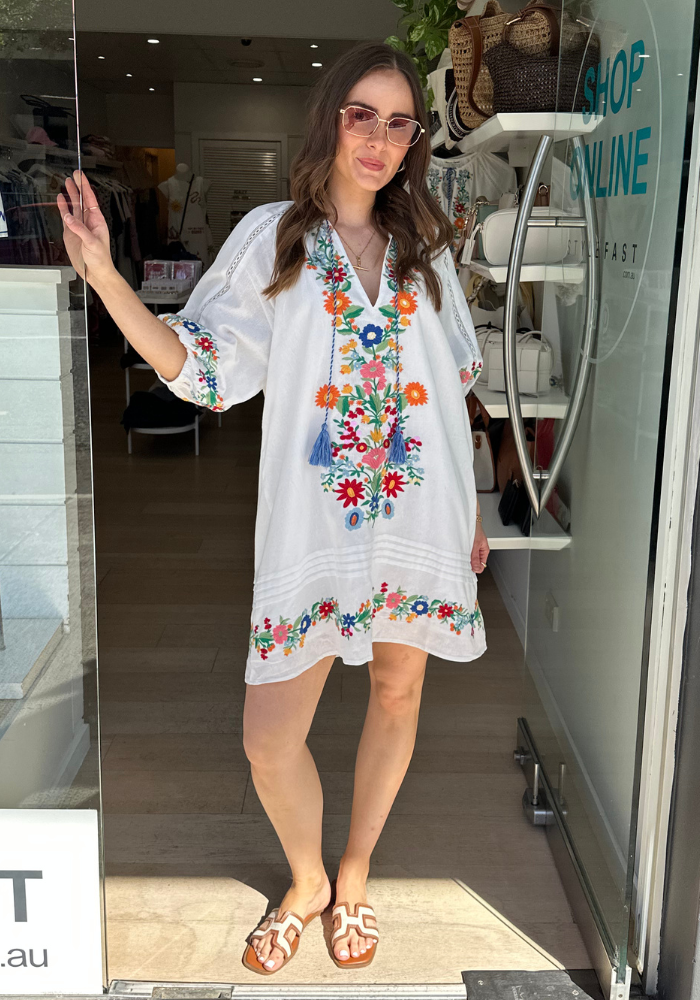 SHARN MINI DRESS - WHITE/ EMBROIDERY