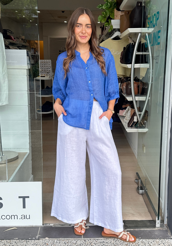 AURORA BUTTON THROUGH LINEN SHIRT - ROYAL BLUE