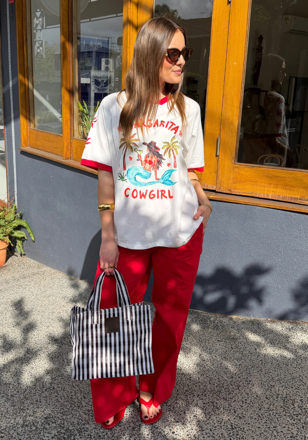 BY FRANKIE V NECK MARGS COWGIRL TEE - RED/PINK