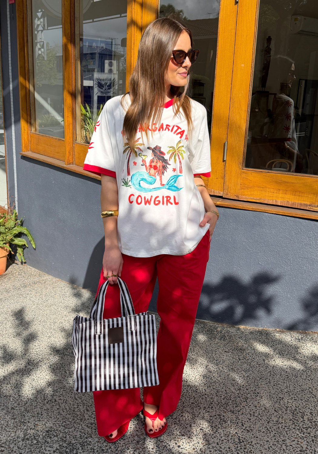 BY FRANKIE V NECK MARGS COWGIRL TEE - RED/PINK