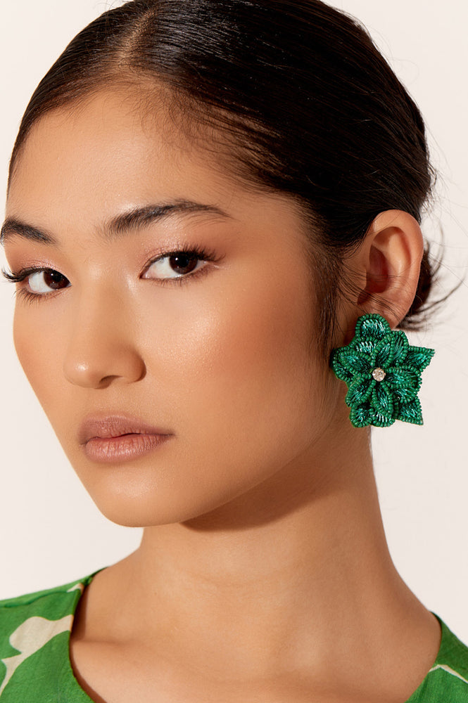 Load image into Gallery viewer, ADORNE LAYERED HAND STITCHED FLOWER EARRINGS - GREEN