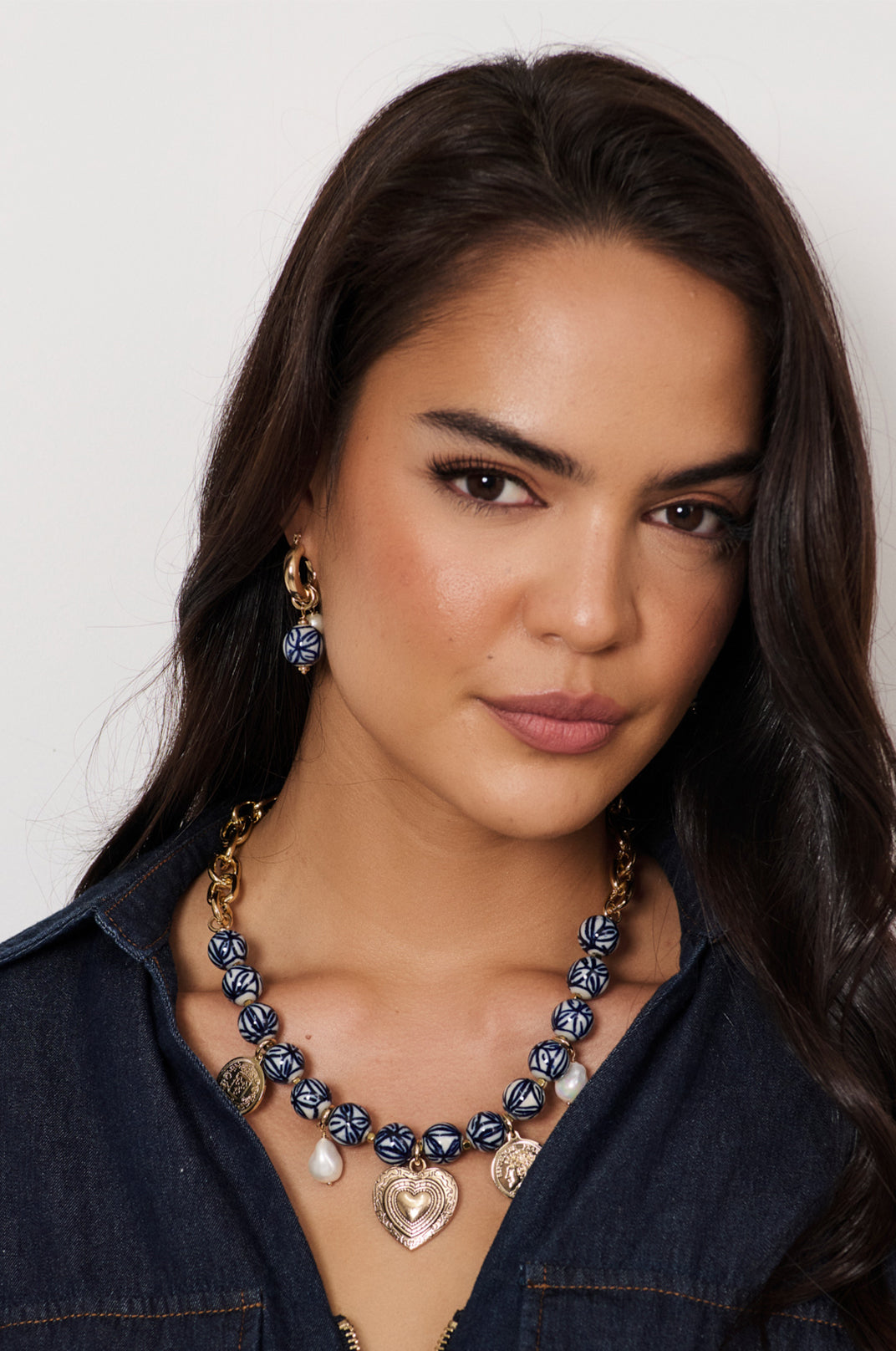 ADORNE PATTERN PORCELAIN BEAD PEARL HOOP - BLUE