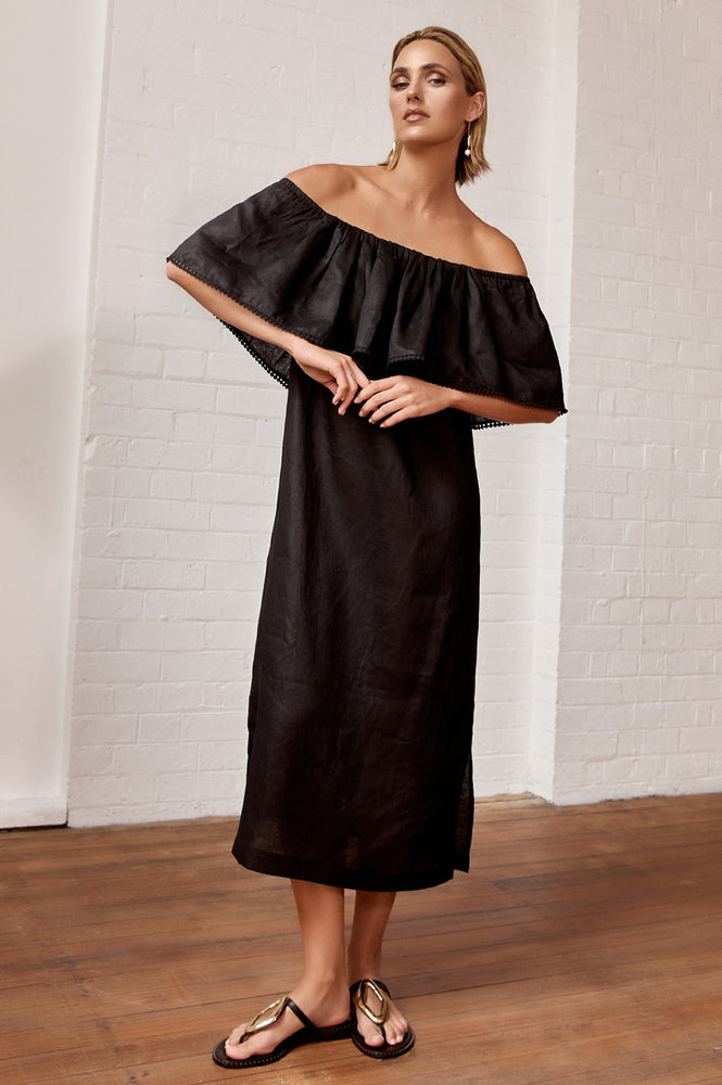 Load image into Gallery viewer, ADORNE BRONTE LACE TRIM LINEN DRESS - BLACK