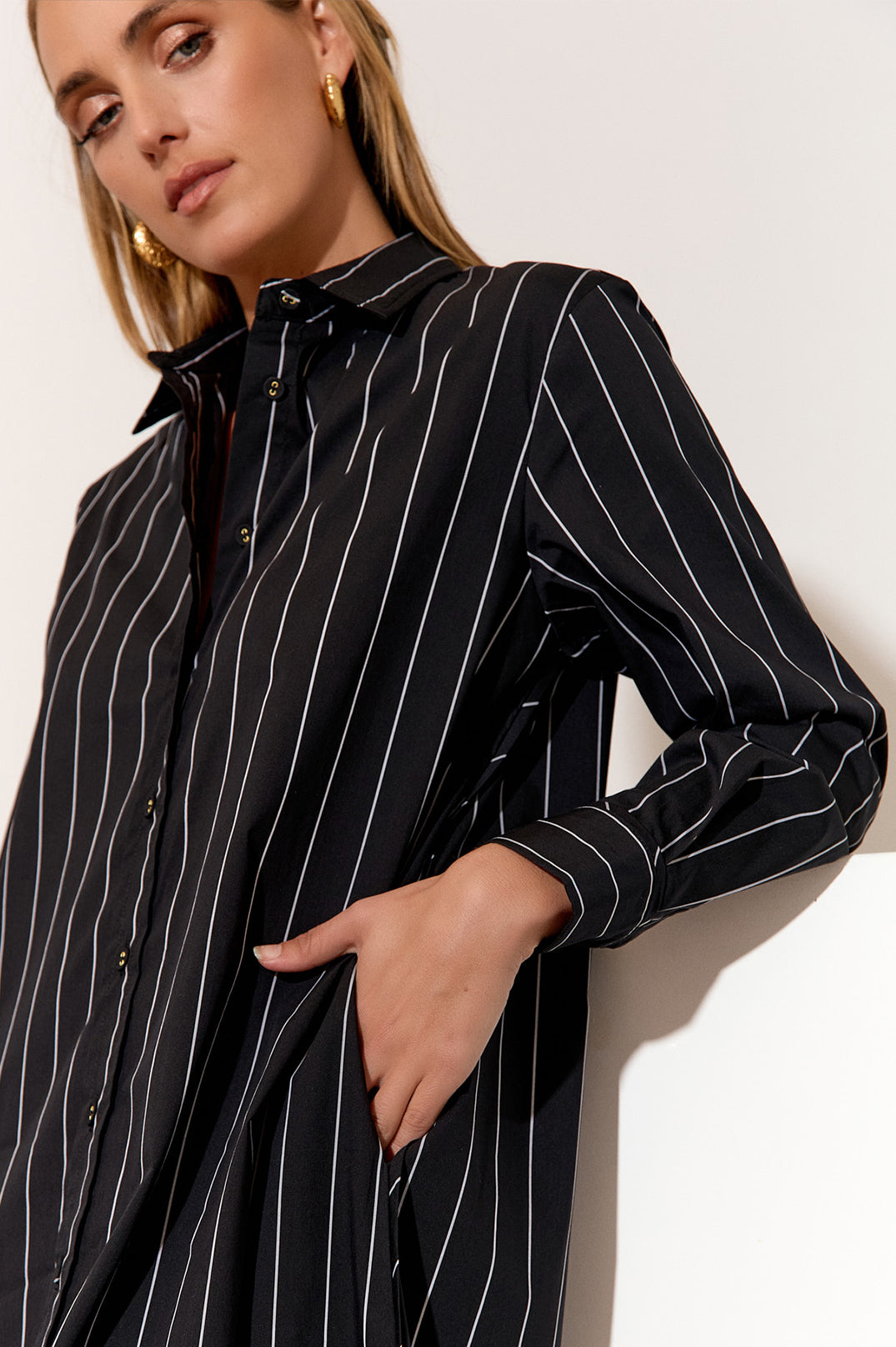 ADORNE FAITH POPLIN SHIRT DRESS - BLACK STRIPE