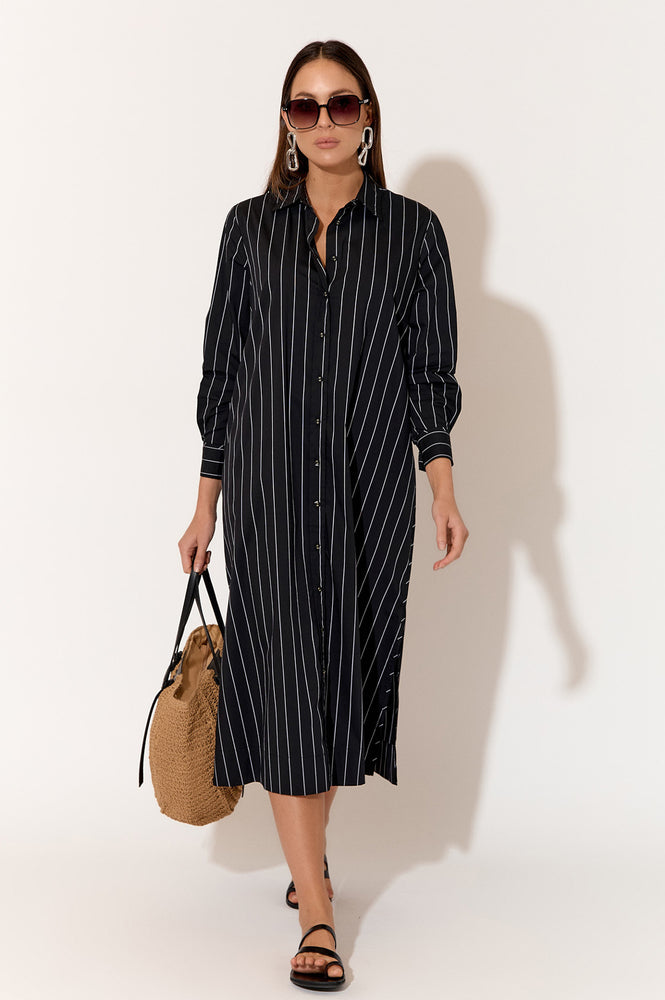 Load image into Gallery viewer, ADORNE FAITH POPLIN SHIRT DRESS - BLACK STRIPE