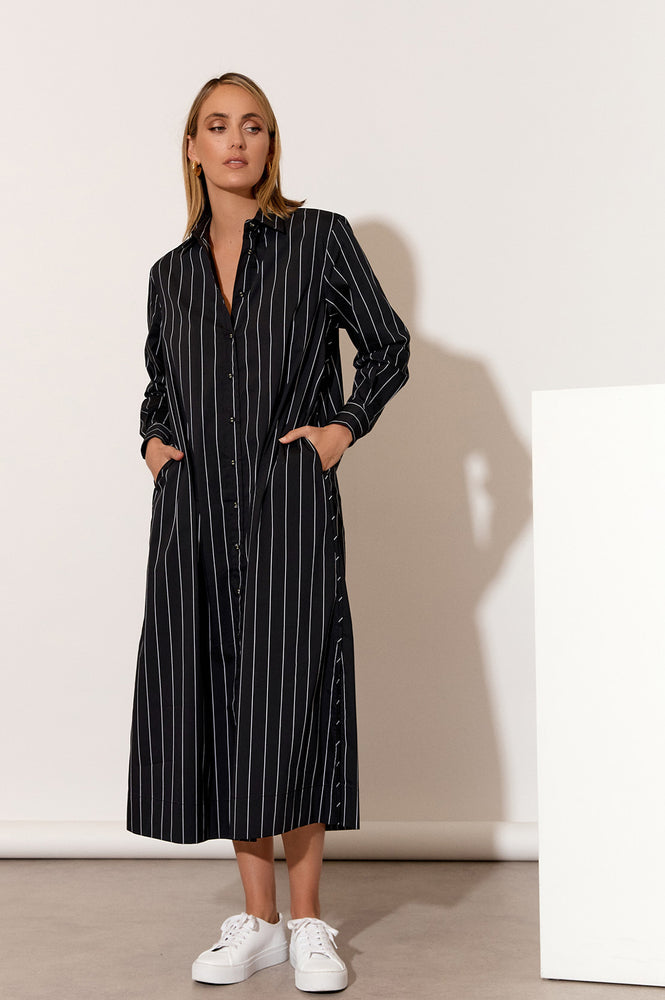 Load image into Gallery viewer, ADORNE FAITH POPLIN SHIRT DRESS - BLACK STRIPE