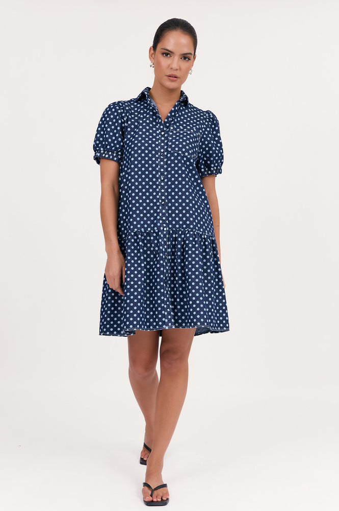 Load image into Gallery viewer, ADORNE DANIELA SPOT DENIM DRESS