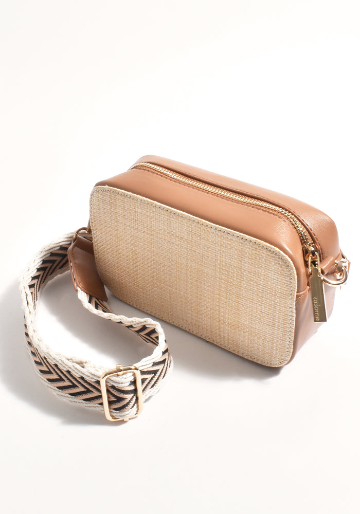 ADORNE JOEY WOVEN FACE CAMERA BAG - TAN/NATURAL