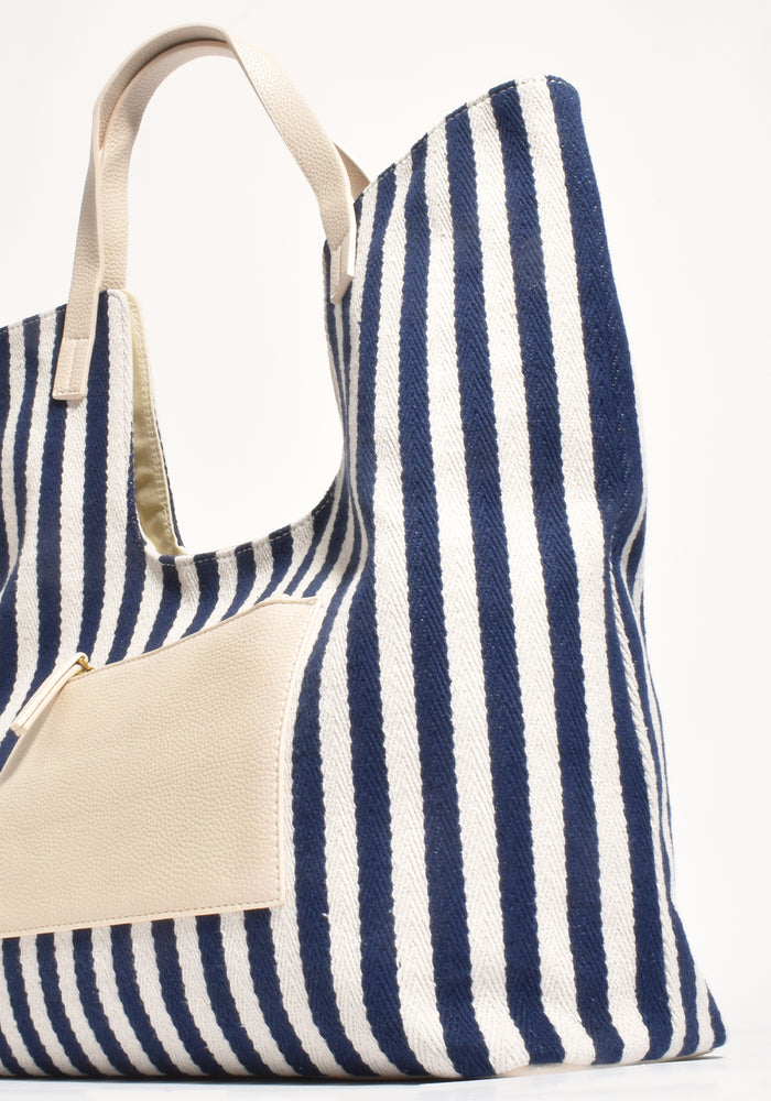 ADORNE SUMMA STRIPE CANVAS TOTE - NAVY