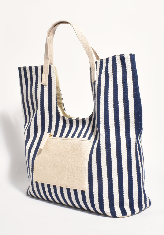 ADORNE SUMMA STRIPE CANVAS TOTE - NAVY