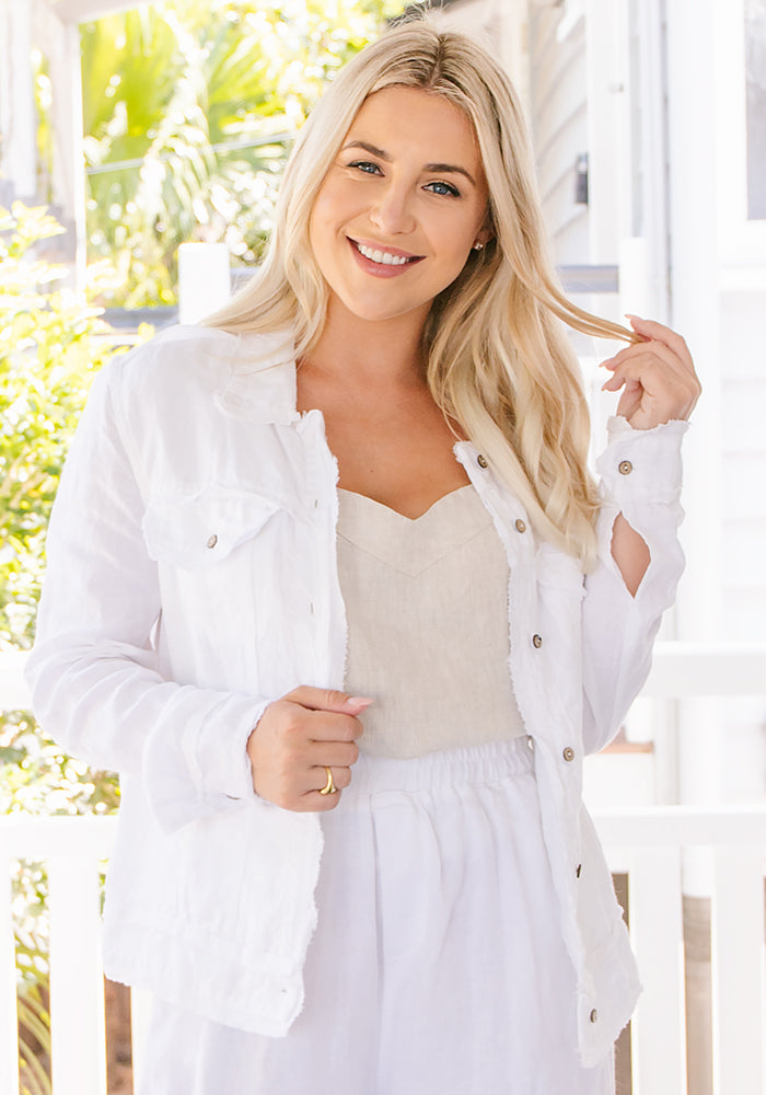 Load image into Gallery viewer, JULIA FRAY EDGE LINEN JACKET - WHITE