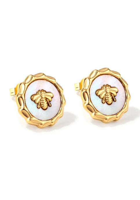 PEARL STUD WITH BEE DETAILING - GOLD