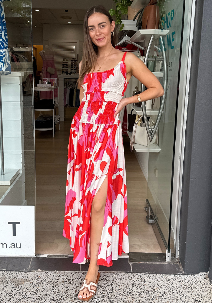 SIA SHIRRED MAXI DRESS - RED/PINK PRINT