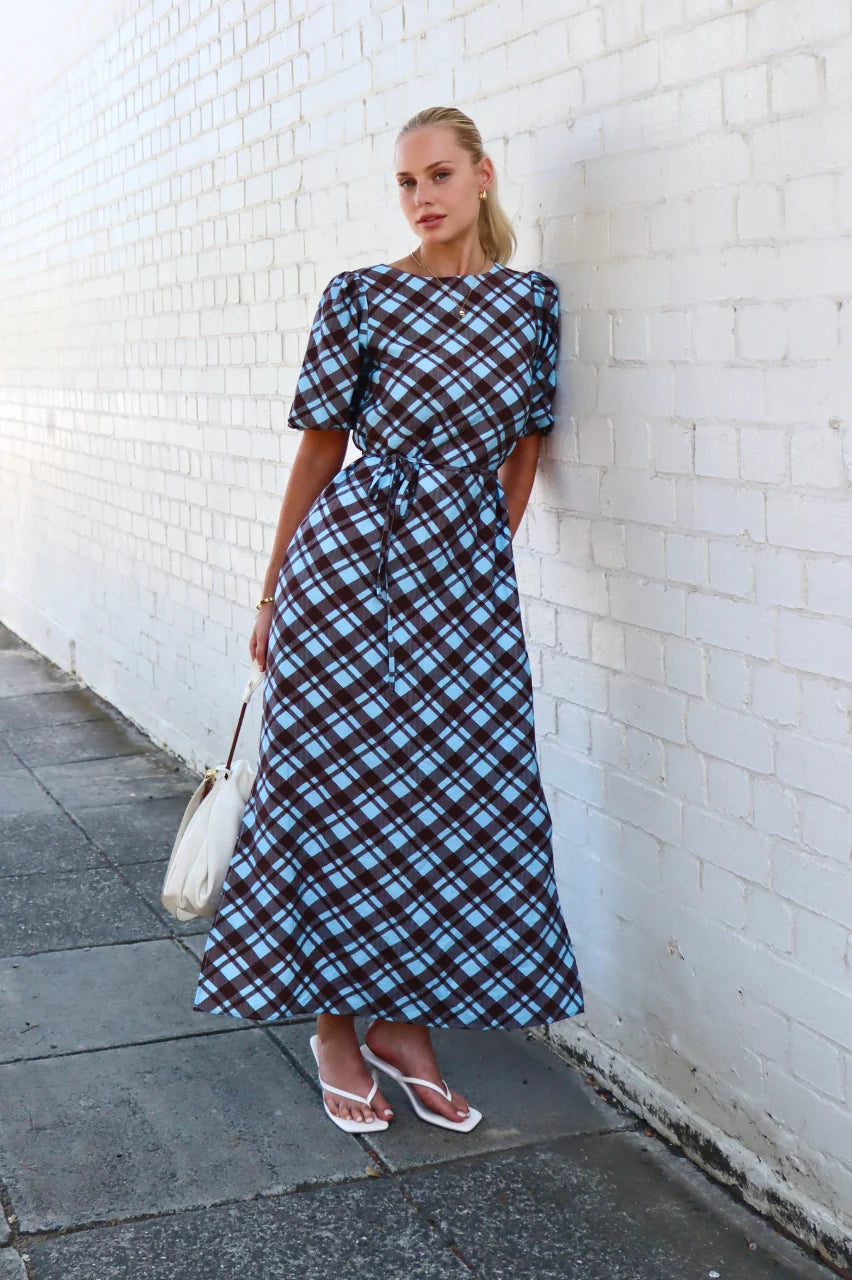FEATHER + NOISE LORETTA DRESS - BLUE/CHOCOLATE CHECK