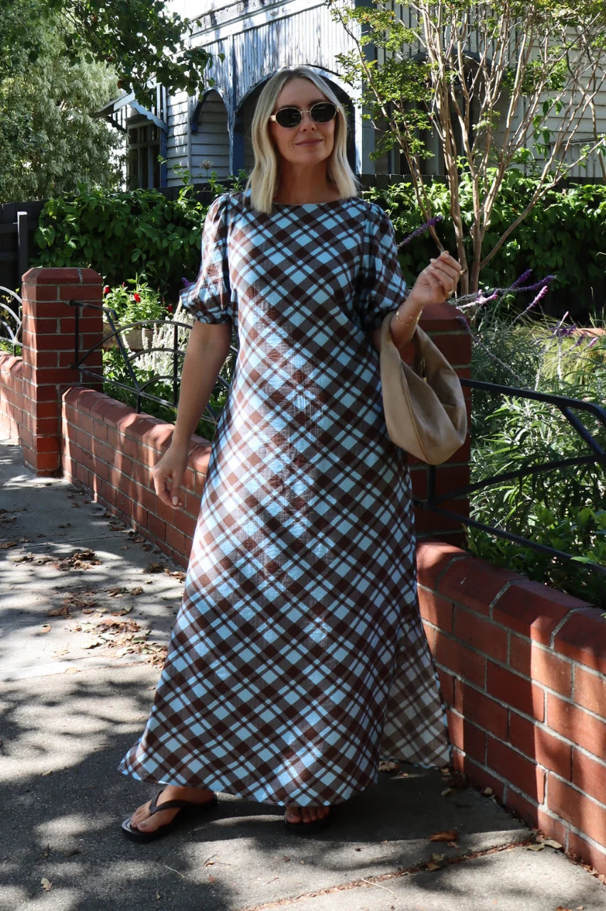 FEATHER + NOISE LORETTA DRESS - BLUE/CHOCOLATE CHECK
