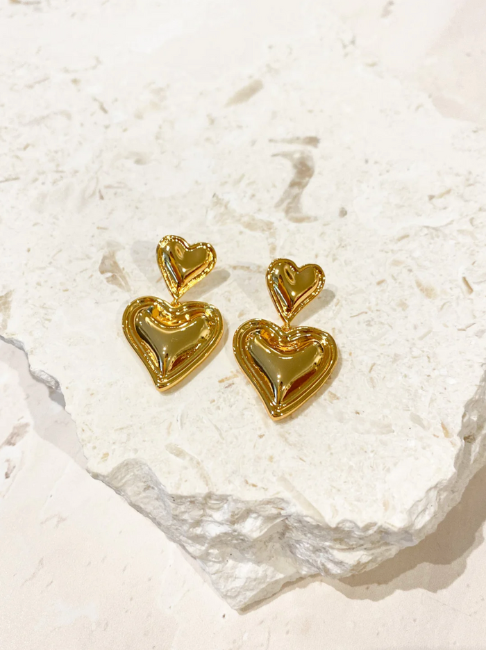 Load image into Gallery viewer, DOUBLE HEART 18K GOLD PLATED EARRINGS