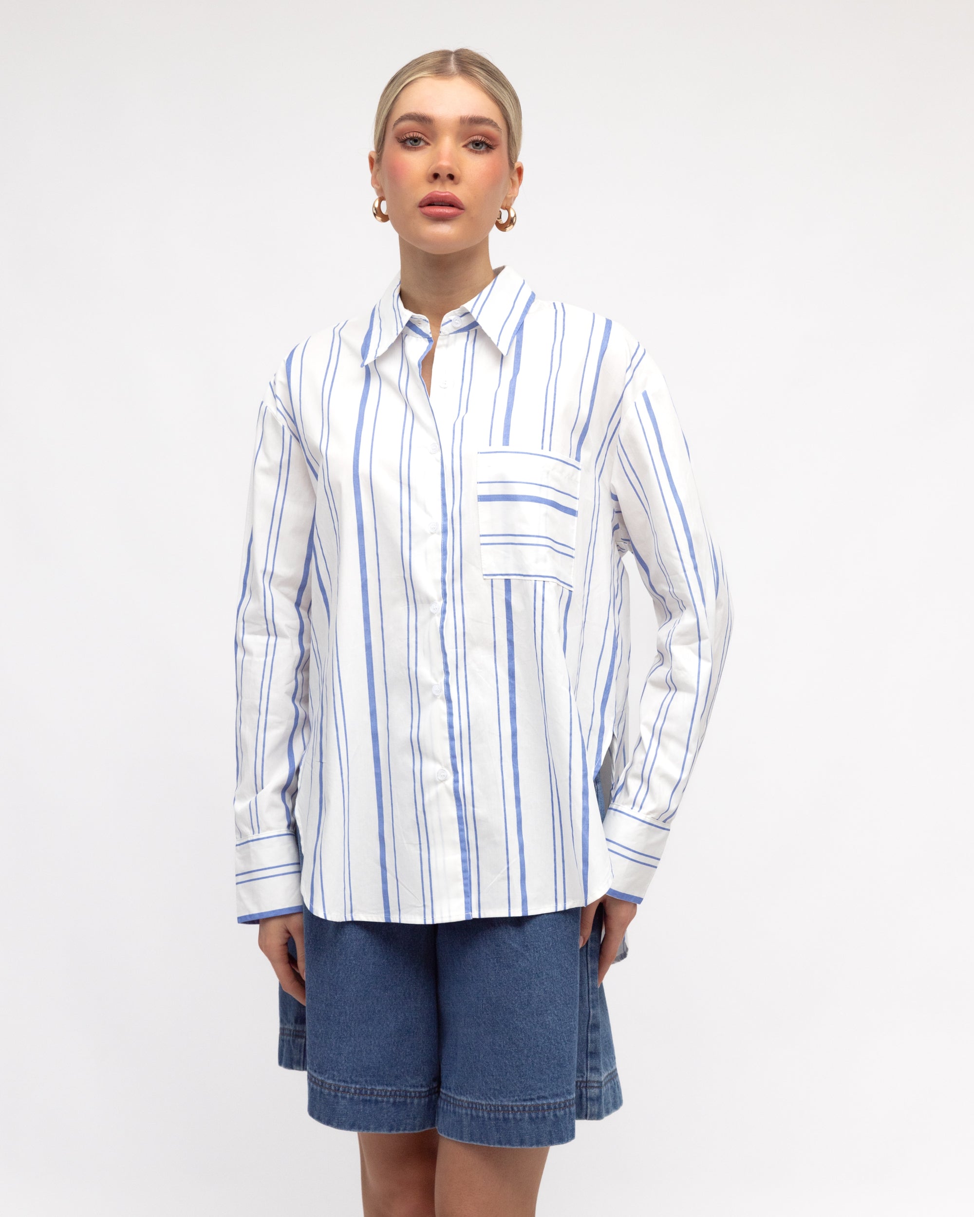 ZANA BUTTON THROUGH SHIRT - WHITE & BLUE