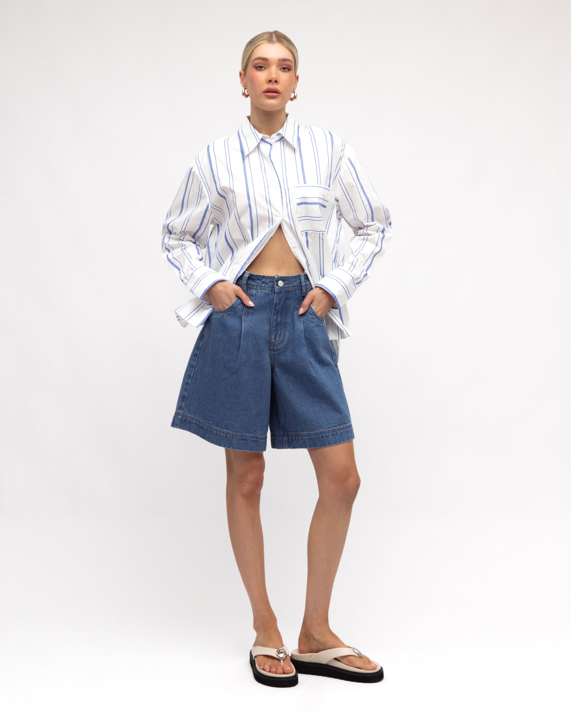 ZANA BUTTON THROUGH SHIRT - WHITE & BLUE