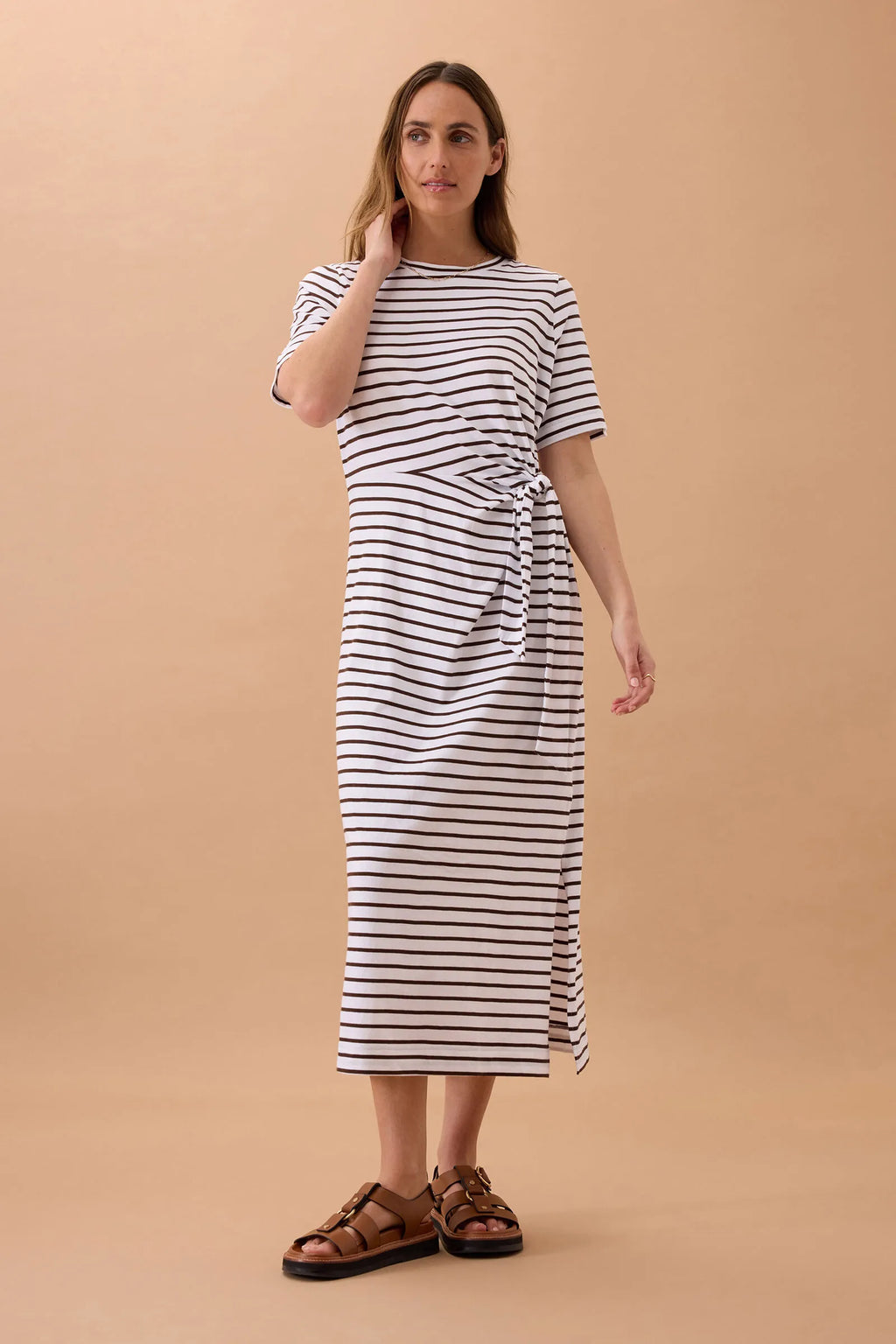 CERES LIFE ALLORA TIE MIDI TEE DRESS - CHOC STRIPE