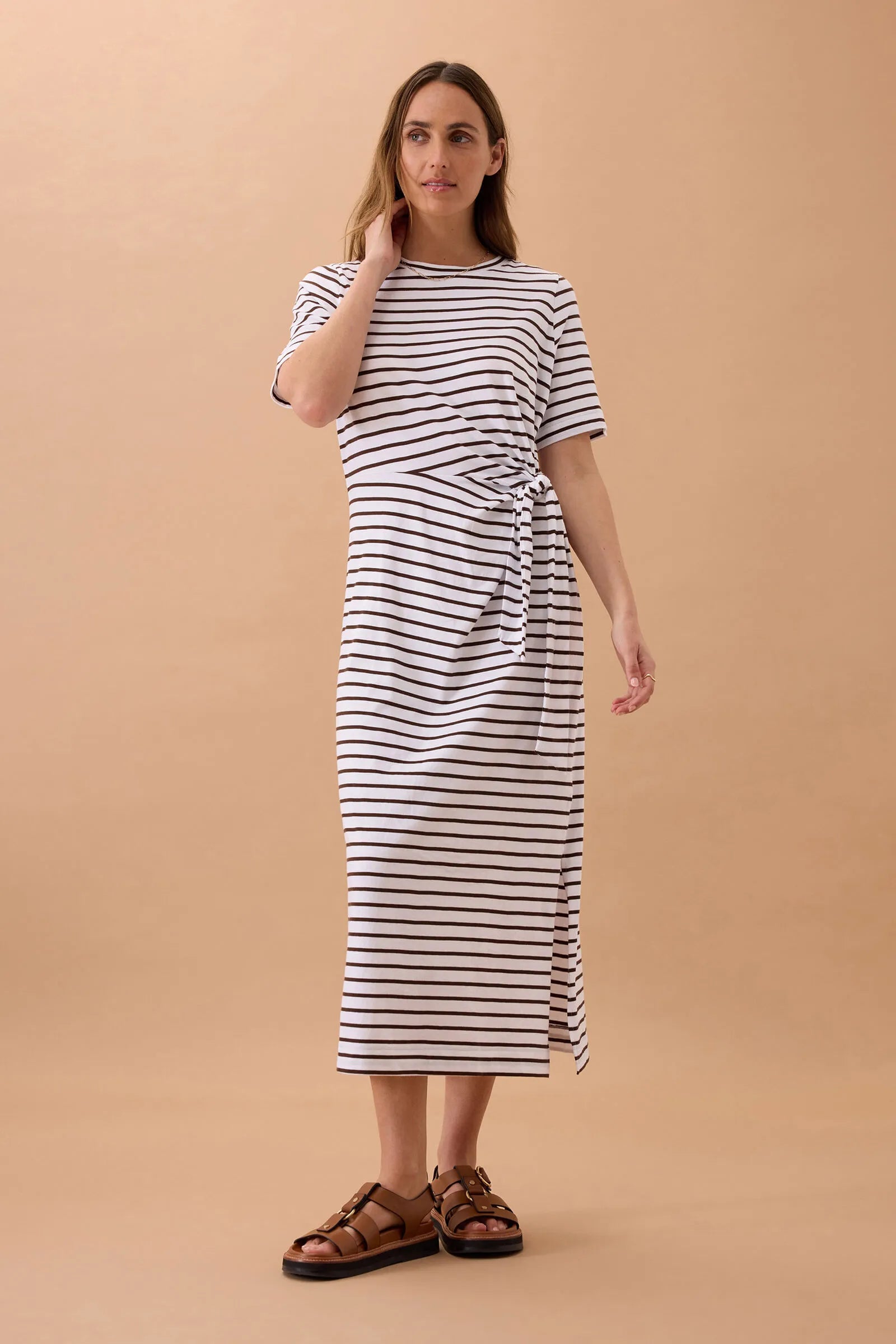 CERES LIFE ALLORA TIE MIDI TEE DRESS - CHOC STRIPE
