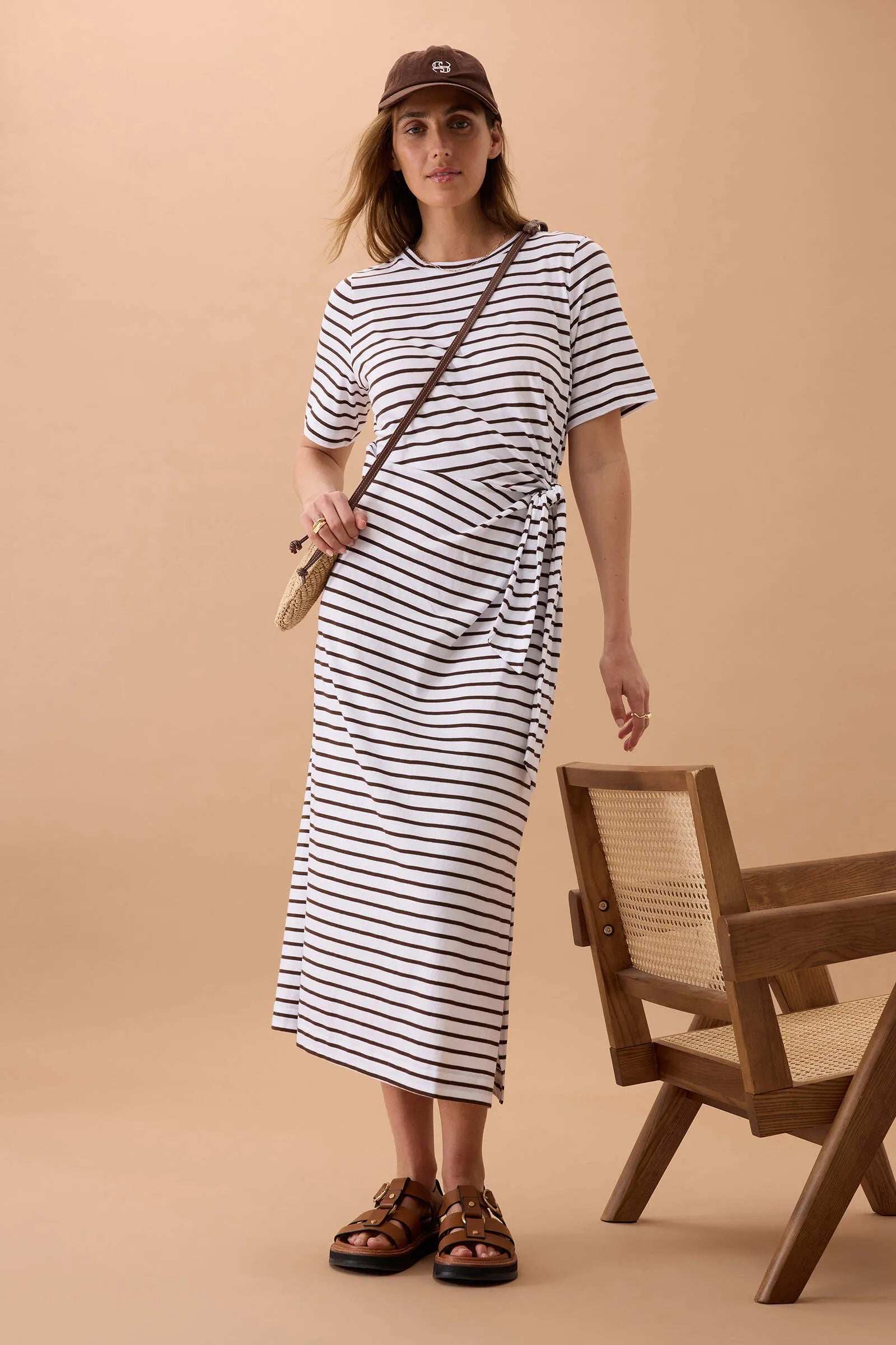 CERES LIFE ALLORA TIE MIDI TEE DRESS - CHOC STRIPE