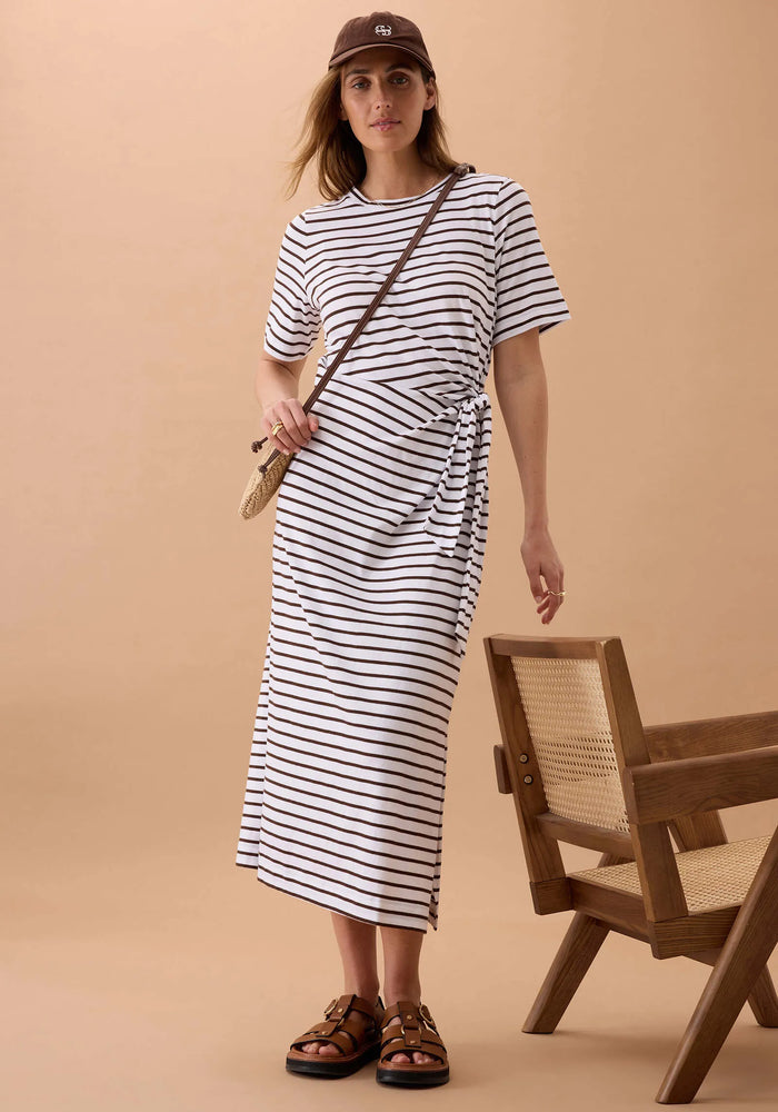 CERES LIFE ALLORA TIE MIDI TEE DRESS - CHOC STRIPE