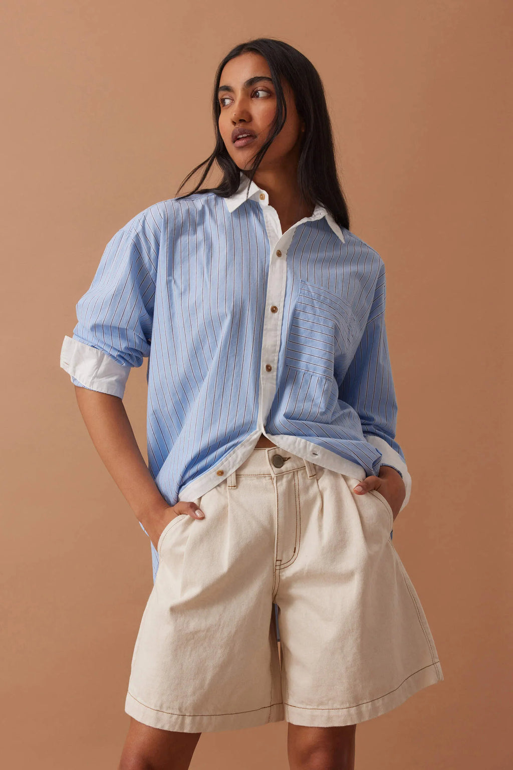 CERES LIFE SYLVIE LONGLINE PLEAT DENIM SHORT - NATURAL ECRU