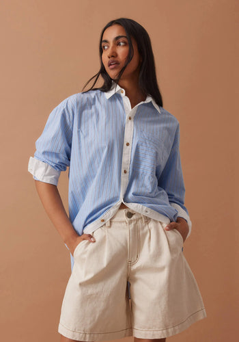 CERES LIFE SYLVIE LONGLINE PLEAT DENIM SHORT - NATURAL ECRU