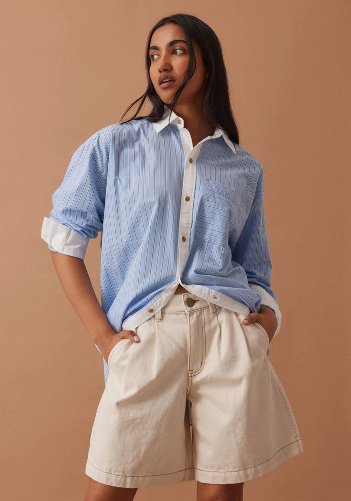 CERES LIFE SYLVIE LONGLINE PLEAT DENIM SHORT - NATURAL ECRU