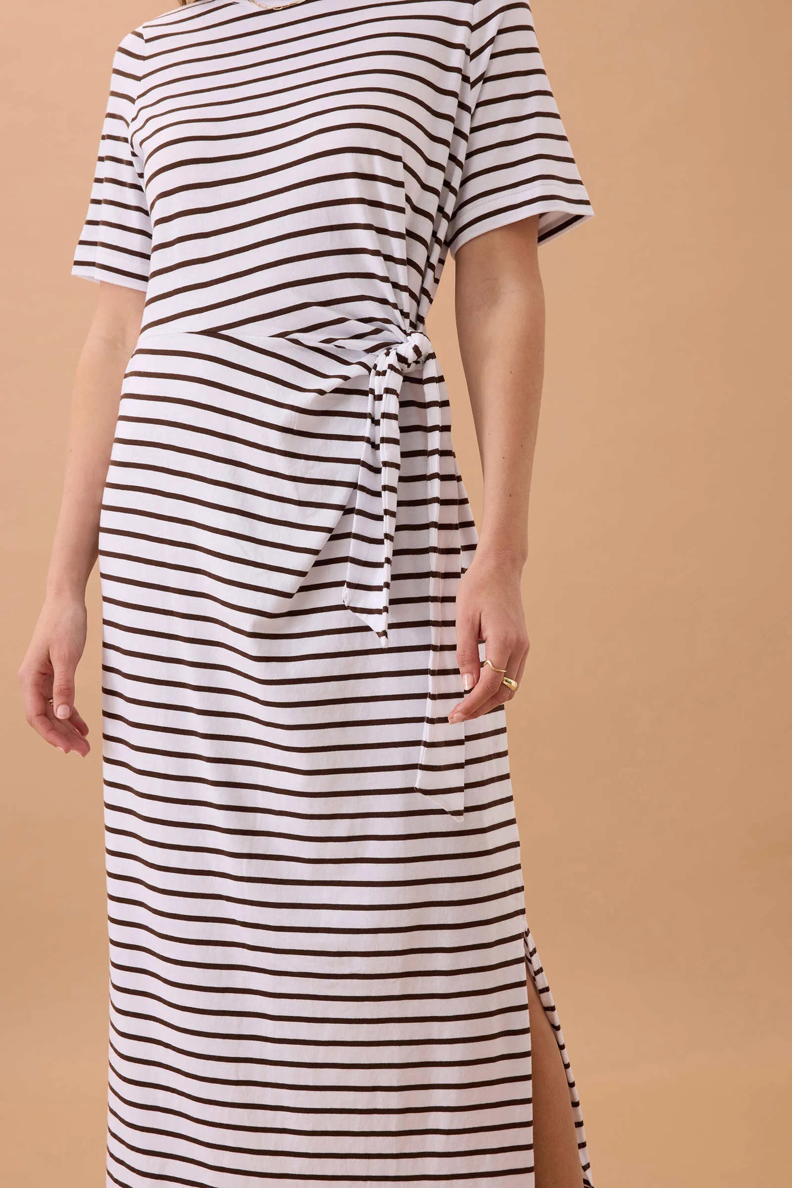 CERES LIFE ALLORA TIE MIDI TEE DRESS - CHOC STRIPE