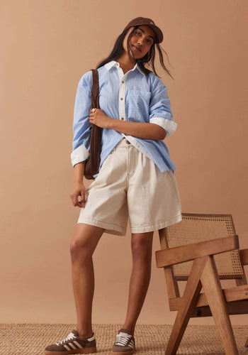 CERES LIFE SYLVIE LONGLINE PLEAT DENIM SHORT - NATURAL ECRU