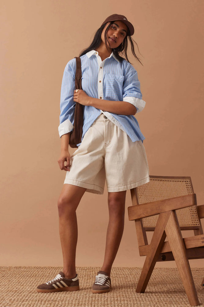 Load image into Gallery viewer, CERES LIFE SYLVIE LONGLINE PLEAT DENIM SHORT - NATURAL ECRU