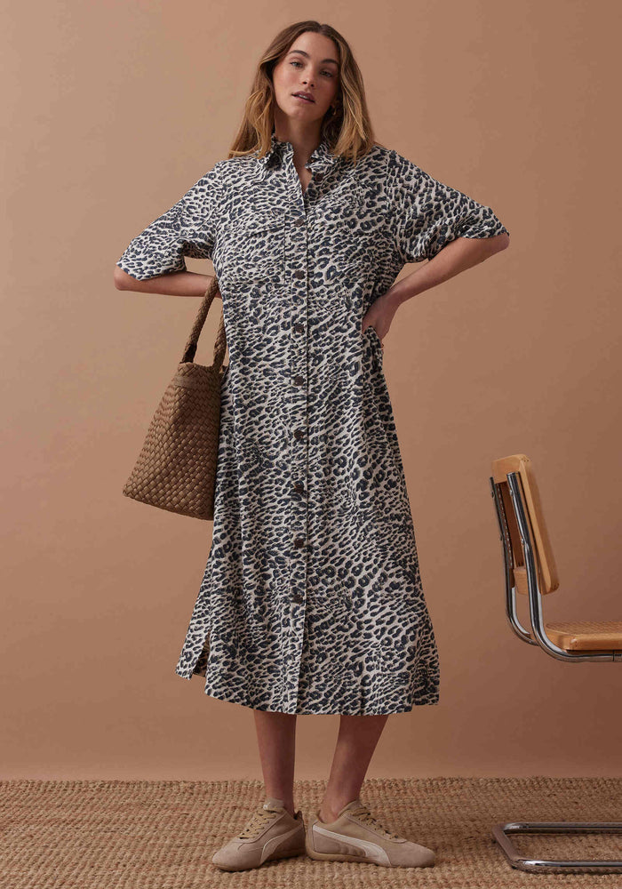 CERES LIFE AVA SHORT SLEEVE YOKE DETAIL MIDI DRESS - LEOPARD