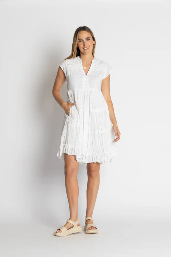 LULALIFE SHAYNA TIERED COTTON DRESS - WHITE