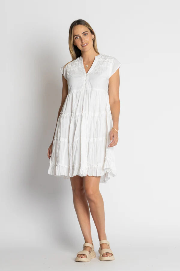LULALIFE SHAYNA TIERED COTTON DRESS - WHITE
