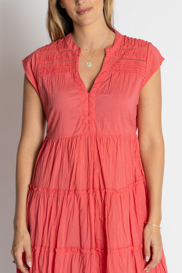 LULALIFE SHAYNA TIERED COTTON DRESS - GERANIUM