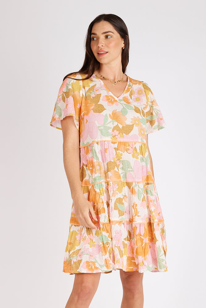 Load image into Gallery viewer, MATILDA TIERED MINI DRESS - PEACH FLORAL