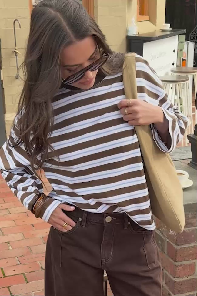 CERES LIFE BEAU LONG SLEEVE SLOUCHY TEE - COCOA/SKY BLUE STRIPE