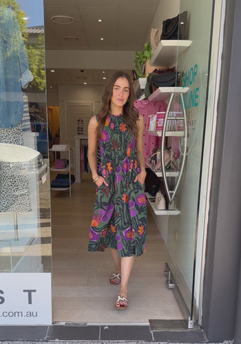 ITAMI MACHALA COTTON RUCHED DRESS - KHAKI PRINT