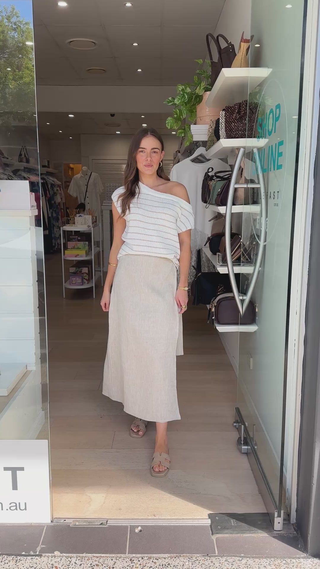 MADISON OFF THE SHOULDER KNIT TOP - WHITE & BEIGE STRIPE