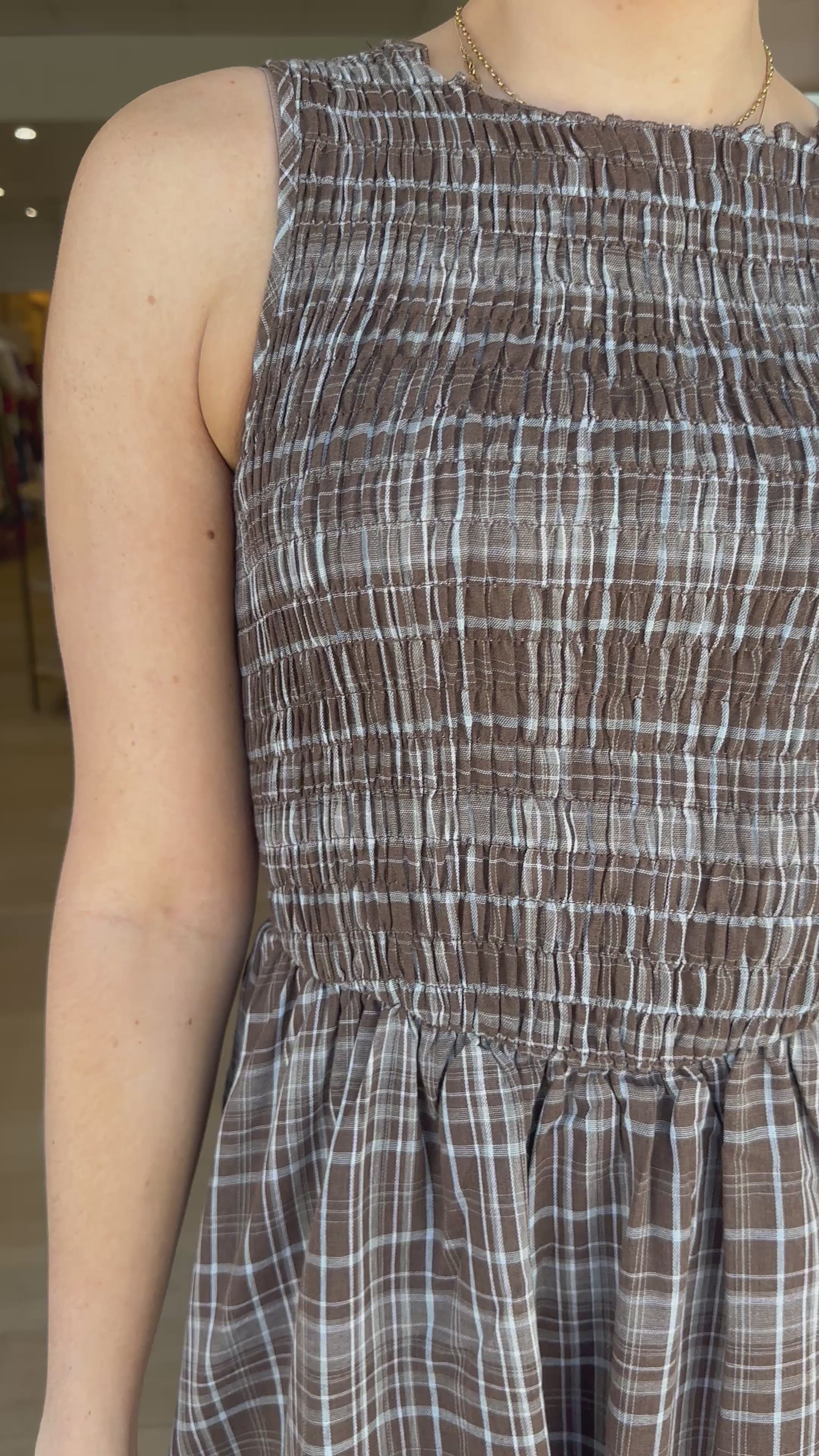 JUNO SHIRRED BODICE MINI DRESS - CHOCOLATE CHECK